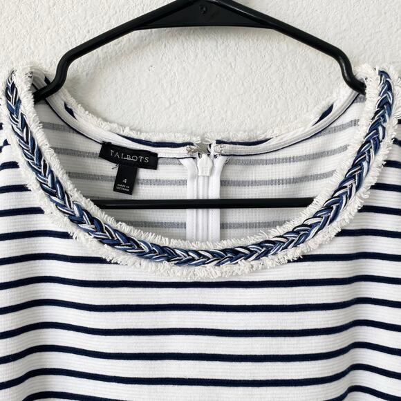TALBOTS Career Dress Sheath Striped Braided Trim Navy White 4 Professional Chic - Picture 4 of 5